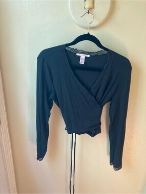 Victoria's Secret Modal Black Ribbed Long Sleeve Lace Wrap Crop Top Size Large